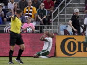 Portland Timbers forward Samuel Armenteros celebrates his second goal of the MLS soccer match against the Colorado Rapids during the first half Saturday, May 26, 2018, in Commerce City, Colo.