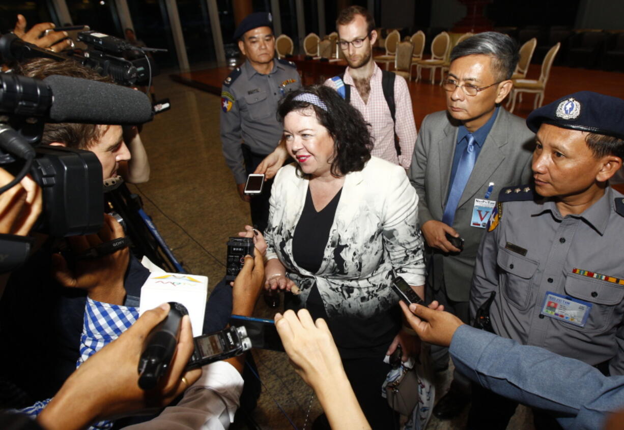 UK Permanent Representative to the United Nations Karen Pierce talks to journalists at a press conference Tuesday at Naypyitaw International Airport in Naypyitaw, Myanmar, after a two-day visit to Myanmar.