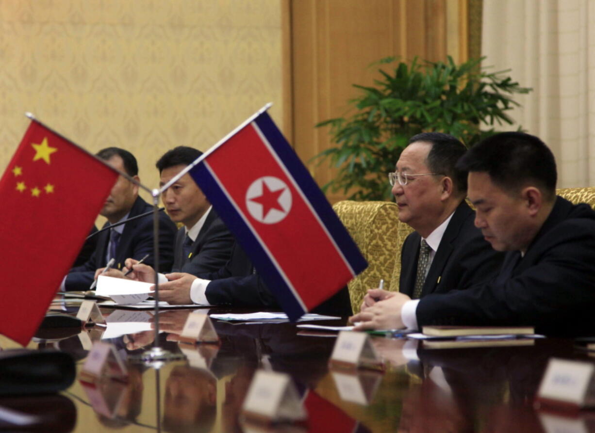 North Korean Foreign Minister Ri Yong Ho, second right, meets with Chinese Foreign MinisterWang Yi at the Mansudae Assembly Hall in Pyongyang, North Korea, on Wednesday.