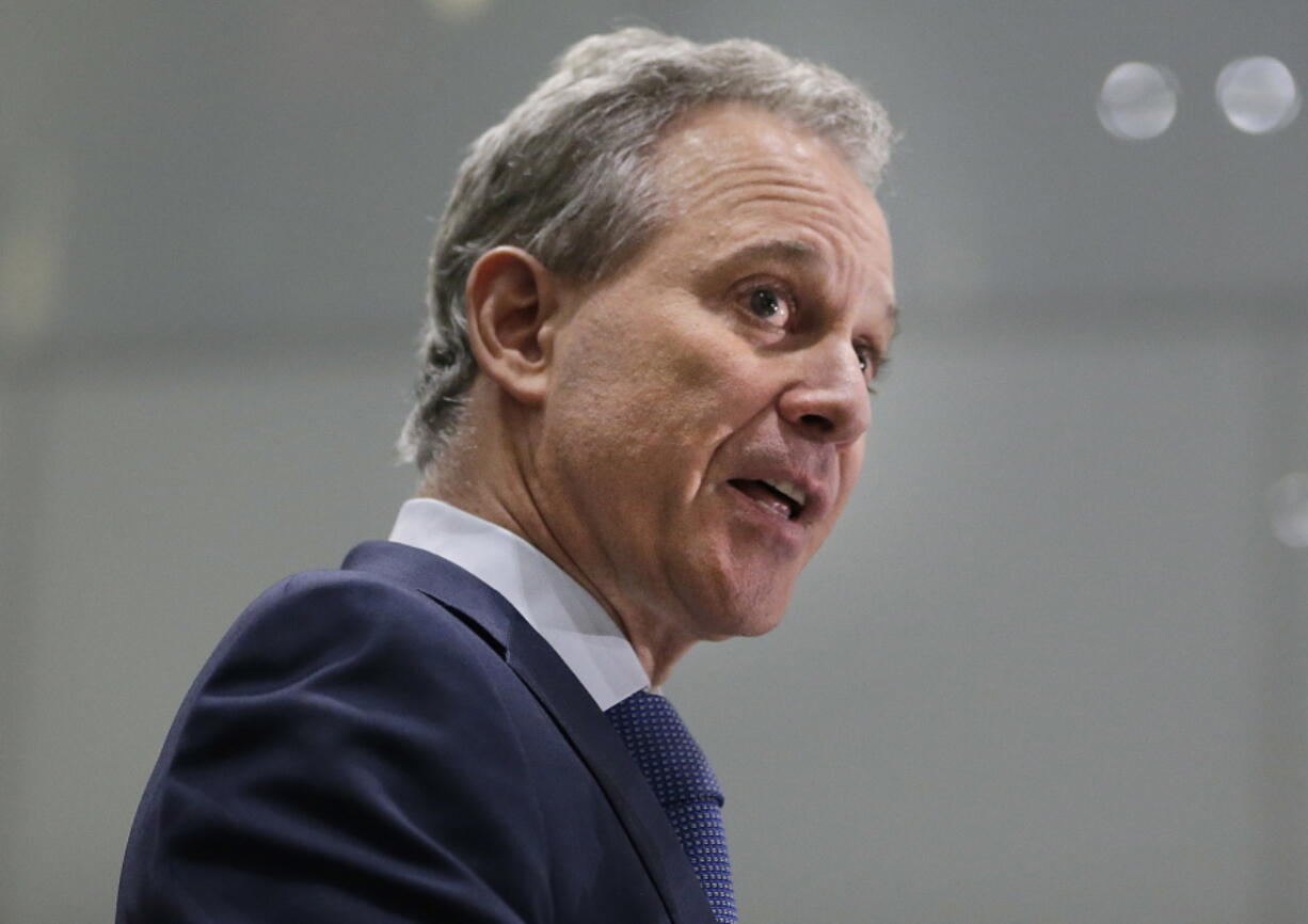 FILE - In this Wednesday, Sept. 6, 2017, file photo, New York Attorney General Eric Schneiderman speaks at a news conference in New York. Four women who have had romantic relationships with Schneiderman have accused him of physically abusing them, and two of the women spoke on record to The New Yorker, which published their claims, on Monday, May 7, 2018.