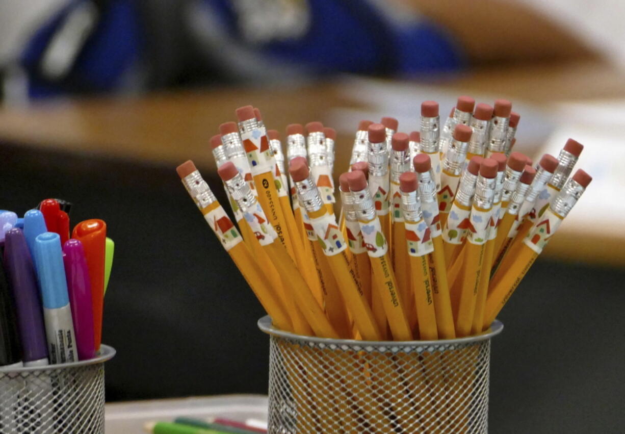 Pencils are at the ready on a teacher’s desk at Bruns Academy in Charlotte, N.C. According to a study released Tuesday, 94 percent of public-school teachers say they spent their own money on classroom supplies.