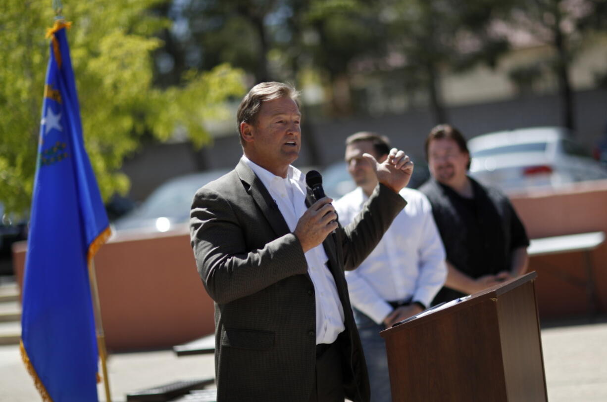 In this April 20, 2018, photo, Sen. Dean Heller, R-Nev., speaks at a picnic for veterans in Las Vegas. Democrats hoping to take control of the U.S. Senate in November believe one of their best chances to pick up a seat this year lies in battleground Nevada, where Sen. Dean Heller is the only Republican running for re-election in a state that Democrat Hillary Clinton carried in 2016.