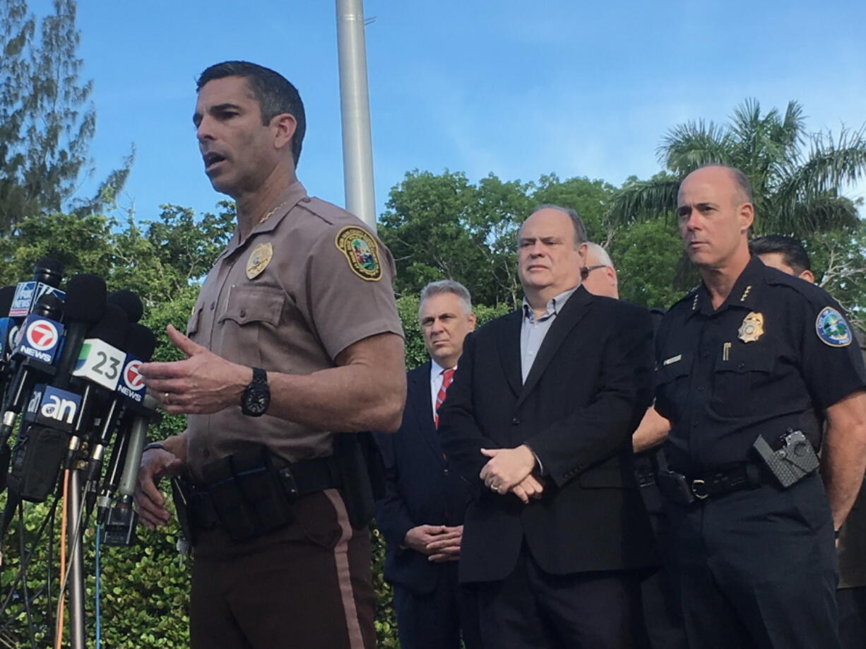 Miami-Dade Police Director Juan Perez speaks with reporters during a news conference Friday, May 18, 2018 about the shooting at the Trump National Doral Golf Club in Doral, Fla. Gunfire erupted early Friday at President Donald Trump’s golf resort, as a man shouting anti-Trump rhetoric draped a flag over a lobby counter and exchanged fire with officers in what one official called an “ambush” before being arrested, police said.