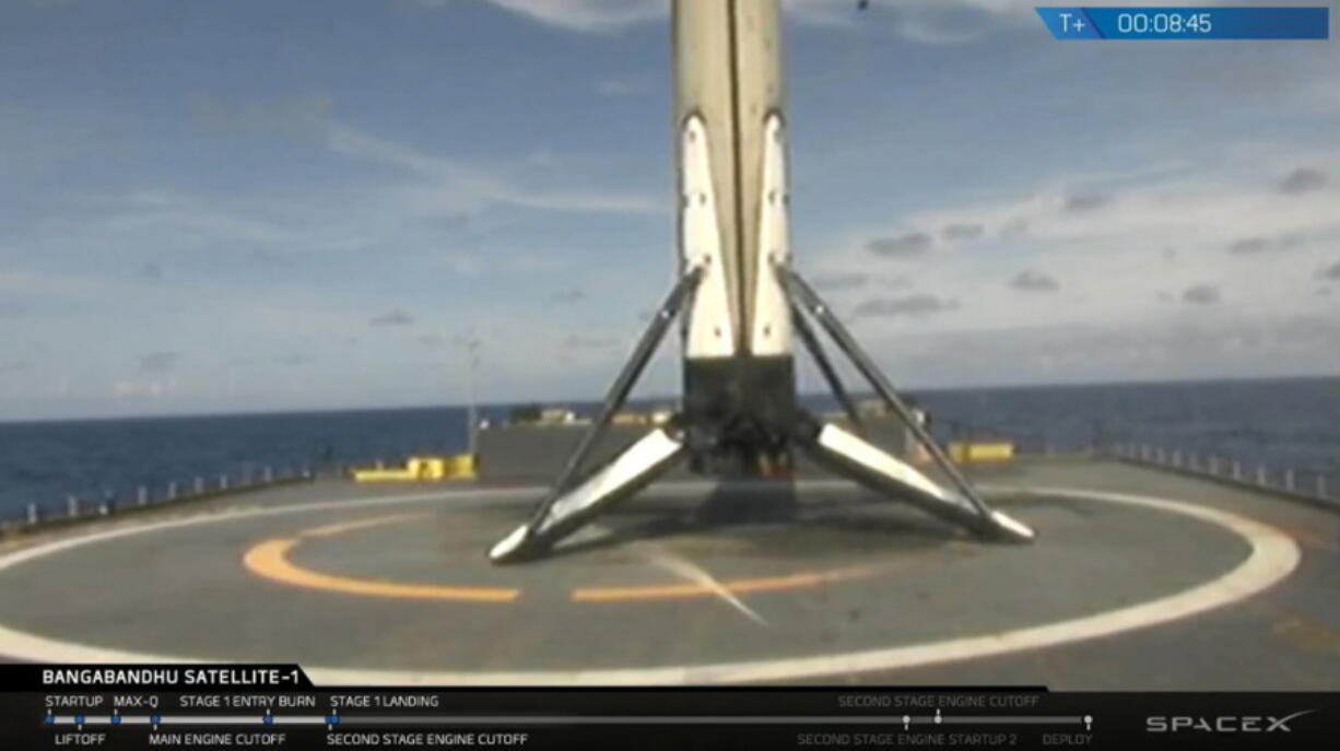 The SpaceX Falcon 9 rocket booster is shown after it landed on a drone ship in the Atlantic Ocean on Friday.