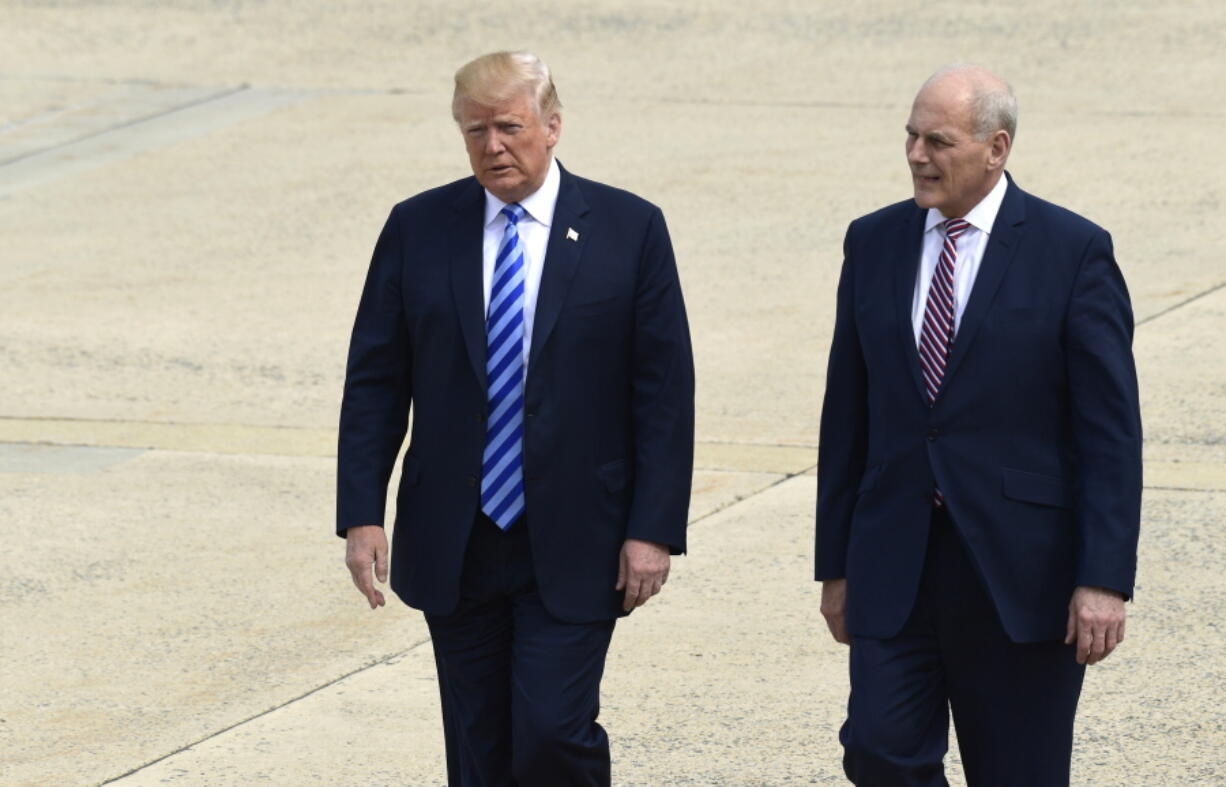 President Donald Trump and White House chief of staff John Kelly walk toward Air Force One at Andrews Air Force Base in Md., Friday, May 4, 2018. Trump is traveling to Dallas where he will address the NRA convention.