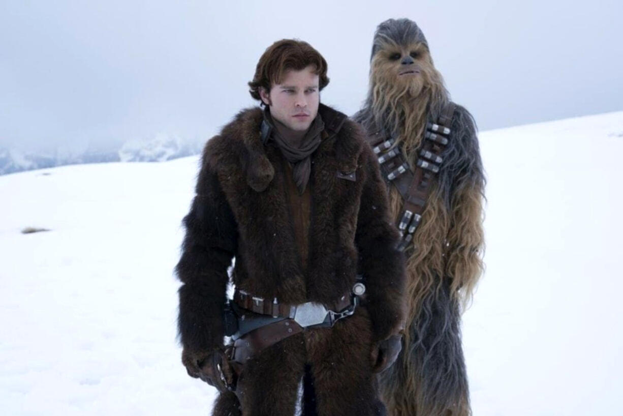 Alden Ehrenreich as Han Solo and Joonas Suotamo as Chewbacca in “Solo.” Disney-Lucasfilm