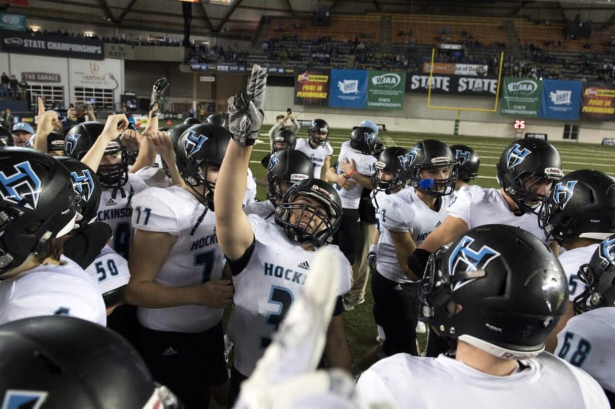 Hockinson celebrates after the 2A state football championship game against Tumwater on Saturday, Dec. 2, 2017, in Tacoma, Wash. Hockinson defeats Tumwater 35-22 to win their first state title.