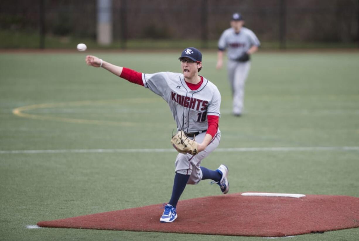 King's Way Christian’s Damon Casetta-Stubbs pitches during a scrimmage at Luke Jensen Park on Wednesday afternoon, March 7, 2018.