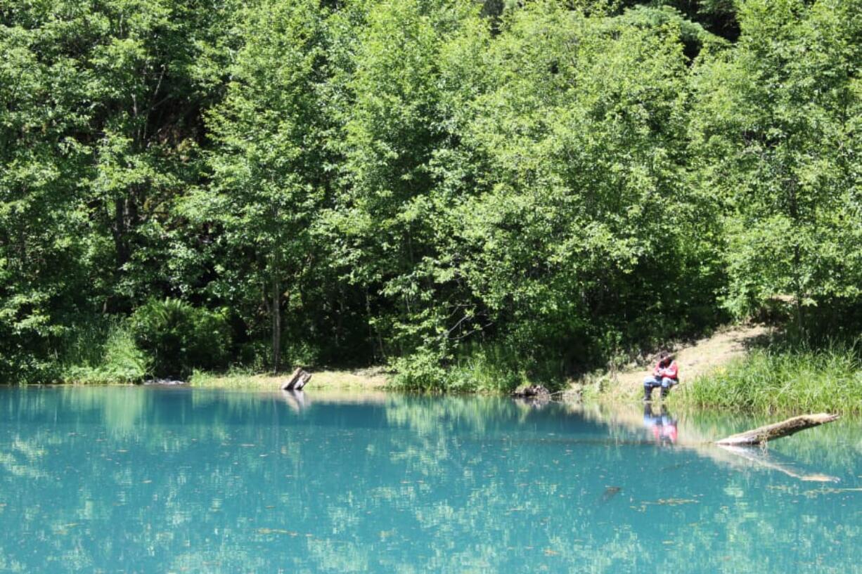 The “Lower Twin Lake” is a deep sinkhole created by groundwater erosion within the center of the Collins Landslide in the Columbia River Gorge. The lake’s groundwater carries a powder-blue cast. The prehistoric landslide dates to the Missoula floods, but activity has slowed since the mid-1970s.