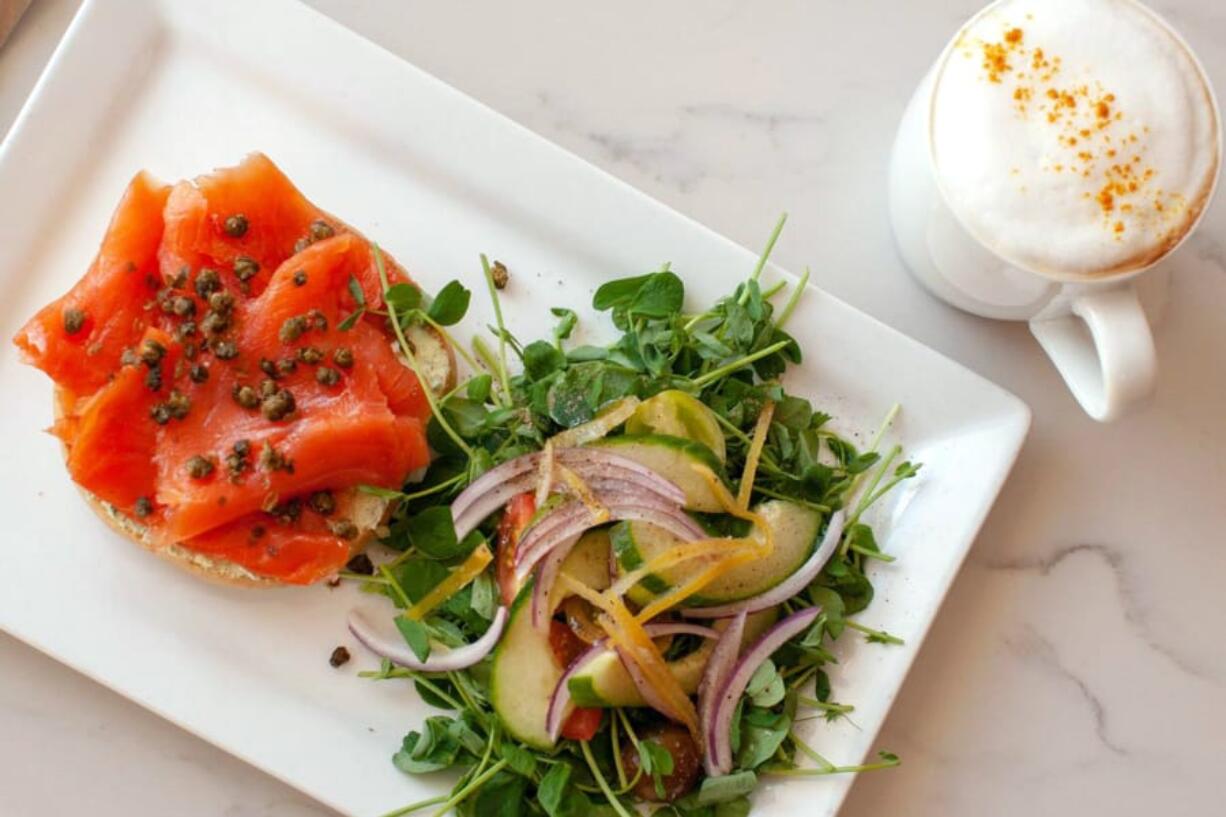 Smoked Salmon Smothered Bagel at Riverhorse Provisions in Park City, Utah.