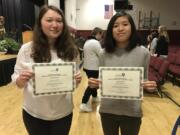 Battle Ground: Firm Foundation Christian School sophomores Beth Merritt, left, and Chloe Neet received Scholar Recognitions by the Hudson’s Bay branch of the American Association of University Women for their achievement in math and science.