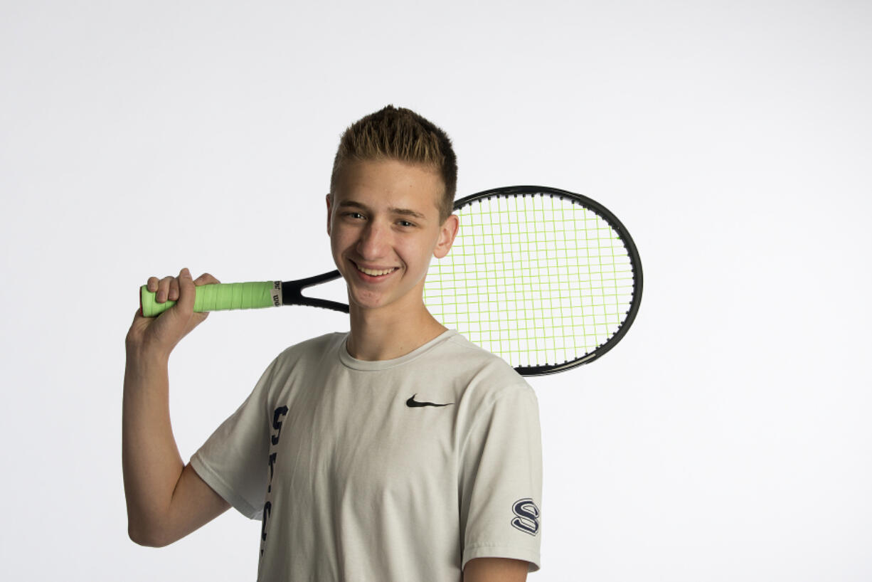 Skyview’s Andrew Kabacy, our All-Region boys tennis player of the year, is a state champion for the second straight year, as seen at The Columbian on Wednesday afternoon, May 30, 2018.