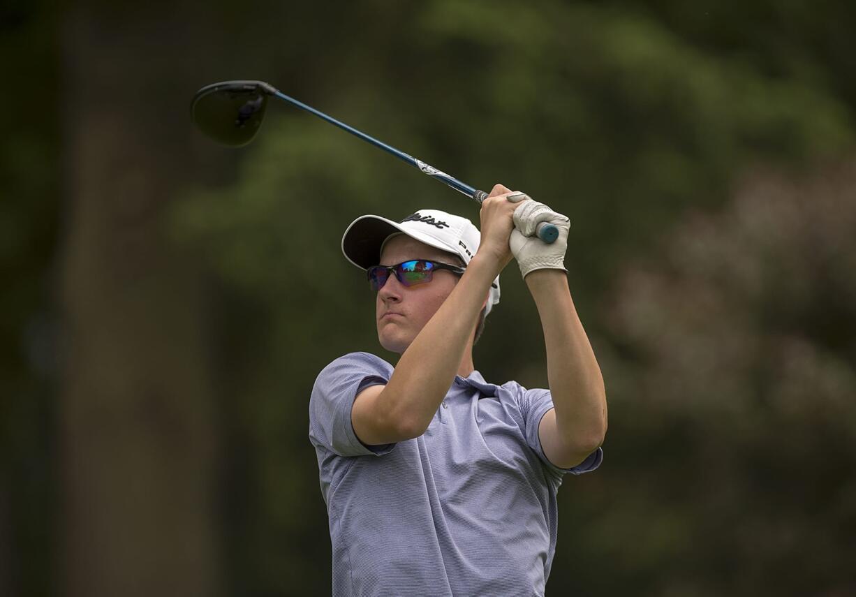 Graham Moody tees off on the fourth hole during the Royal Oaks Invitational at Royal Oaks Country Club on Friday afternoon, June 8, 2018.