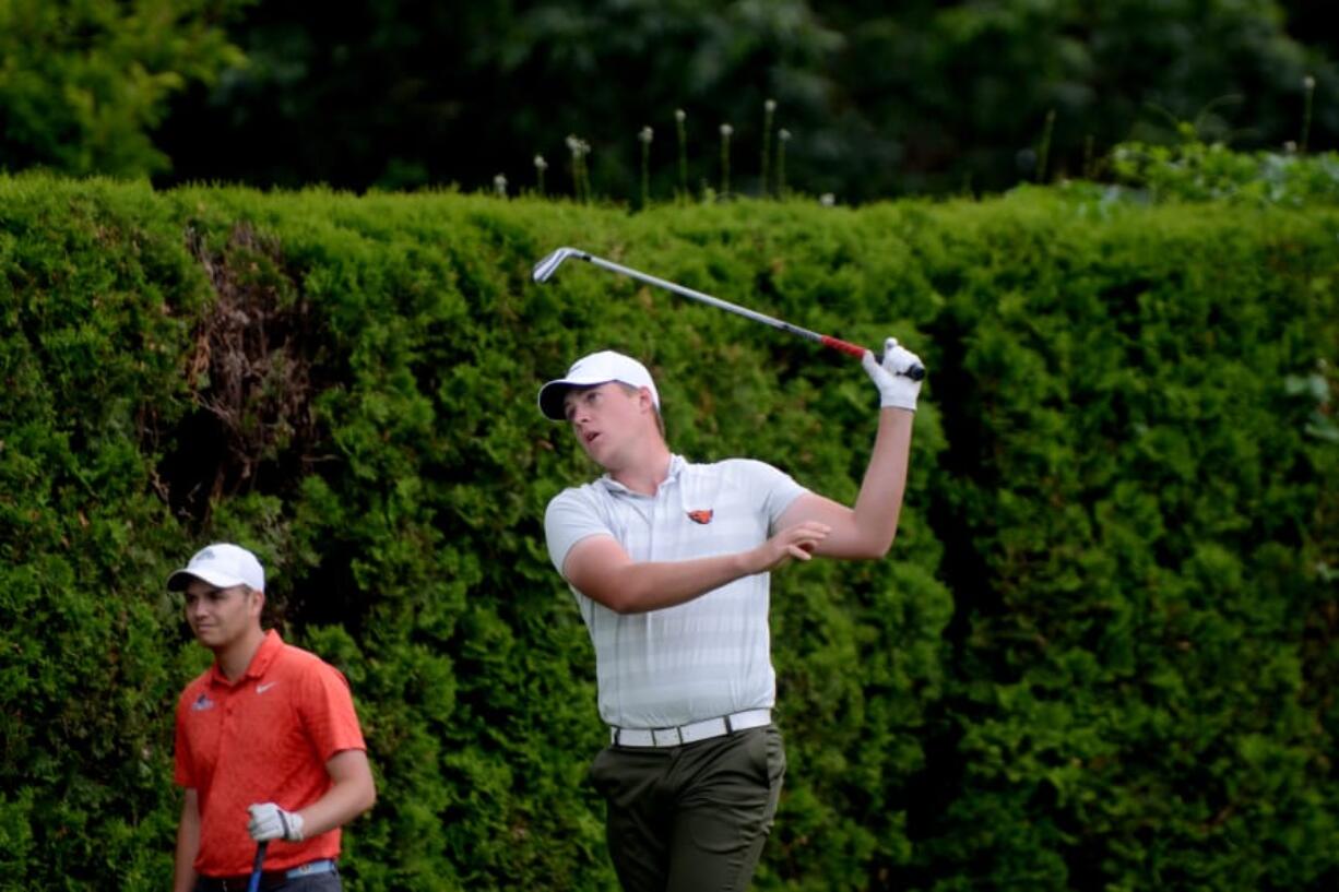 Spencer Tibbits tees off on the ninth hole of the second day of the Royal Oaks Invitational in Vancouver on Saturday, June 9, 2018. Tibbits was a three-time high school state champion with Fort Vancouver, and just finished a successful freshman season at Oregon State.