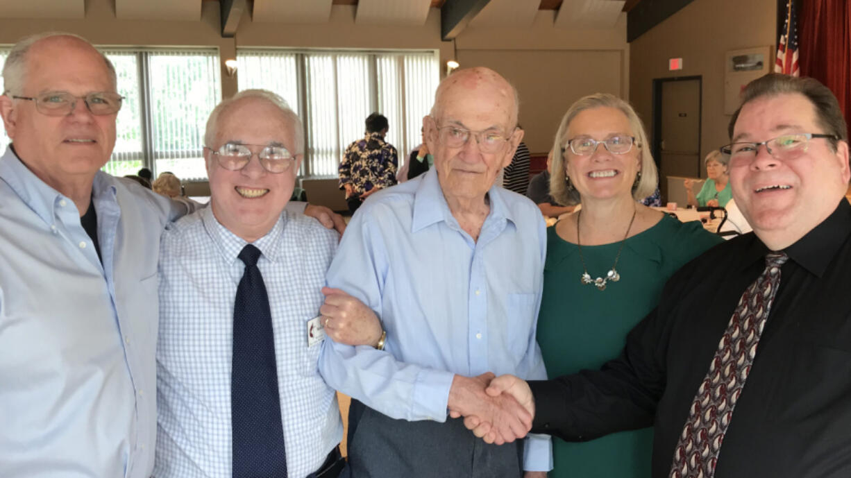 Shumway: First United Methodist Church honored 63 members who have been with the church at least 50 years and/or were at least 90 years old as of May 20, including Lynn Irish, 101, center, the oldest member of the congregation. Irish is surrounded by, from left, his son Larry Irish, Rev. Jim McGinnis, Rev. Mary Lookingbill and Rev. Jon Short.