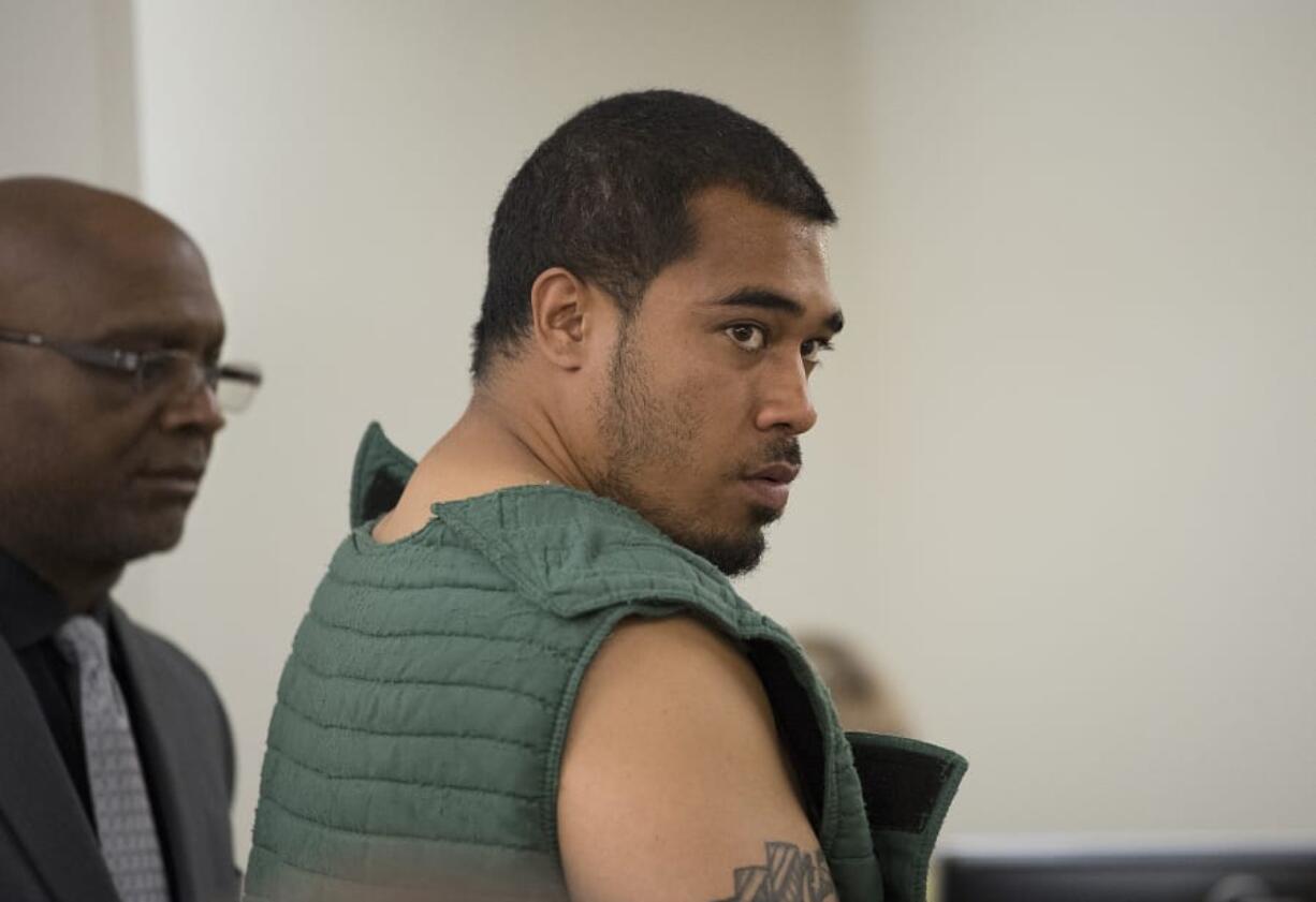 Sione Suli makes a first appearance on charges of first degree assault in Clark County Superior Court on Tuesday morning. Suli is accused of attacking his neighbor with a hammer.