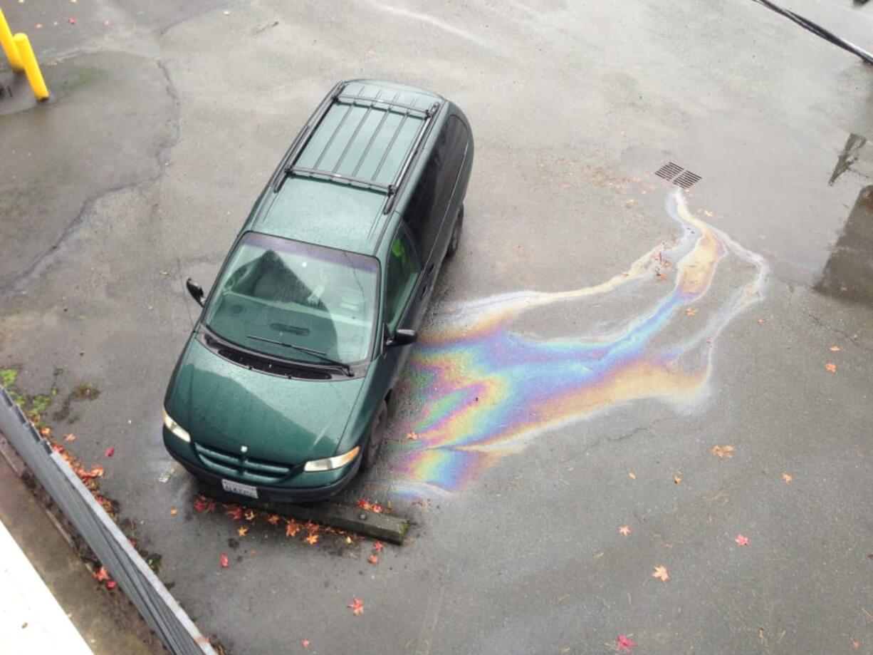 A leaking vehicle sends pollution down a parking lot storm drain. Leaky vehicles are a significant source of waterway pollution in Western Washington.