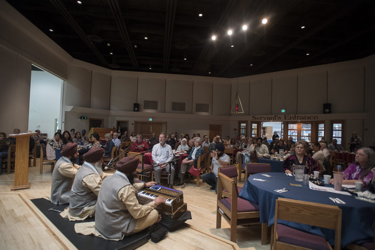 Gurdeep Singh, from left, Manpreet Singh and Gurpreet Singh of the Sikh Center of Oregon share scriptural singing with the crowd during the 2018 Interfaith Prayer Breakfast at St. Andrew Lutheran Church on Thursday morning, June 28, 2018.