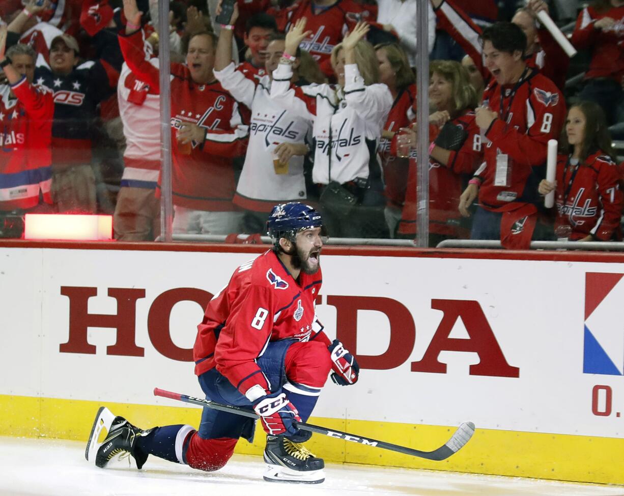 Washington Capitals forward Alex Ovechkin, of Russia, celebrates his goal against the Vegas Golden Knights during the second period in Game 3 of the NHL hockey Stanley Cup Final, Saturday, June 2, 2018, in Washington.