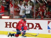 Washington Capitals forward Alex Ovechkin, of Russia, celebrates his goal against the Vegas Golden Knights during the second period in Game 3 of the NHL hockey Stanley Cup Final, Saturday, June 2, 2018, in Washington.