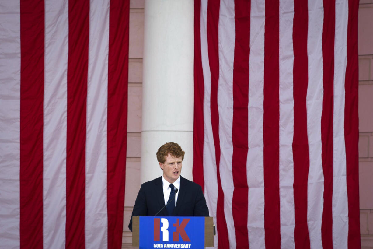 Rep. Joe Kennedy III, D-Mass, speaks during the Celebration of the Life of Robert F. Kennedy at Arlington National Cemetery in Arlington, Wednesday, June 6, 2018. Former President Bill Clinton and members of the Kennedy family are marking the 50th anniversary of Robert F. Kennedy's death.  Kennedy, a former attorney general and presidential candidate, was assassinated 50 years ago at the age of 42. The Navy veteran is buried at Arlington near his brother, former President John F. Kennedy.