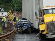 A Goldendale man was injured Monday morning when he lost control of his vehicle on a curve, crossed into the oncoming lane and was struck by an eastbound tractor trailer on state Highway 14 in Skamania County, according to Washington State Patrol.