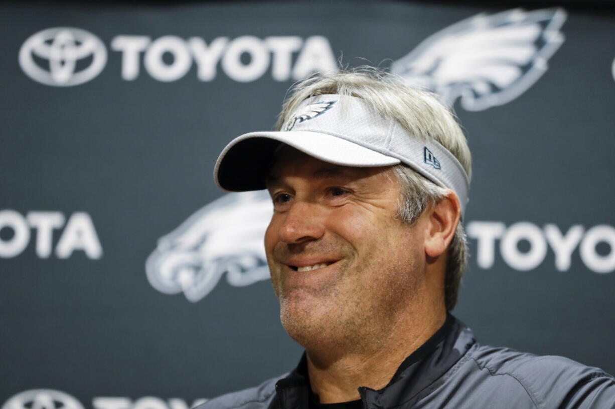 Philadelphia Eagles head coach Doug Pederson smiles while listening to a question from the media during a news conference before practice at the NFL football team’s facility, Wednesday, June 6, 2018, in Philadelphia.