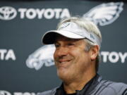 Philadelphia Eagles head coach Doug Pederson smiles while listening to a question from the media during a news conference before practice at the NFL football team’s facility, Wednesday, June 6, 2018, in Philadelphia.