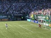 Diego Valeri scores on a penalty kick early in the second half against the LA Galaxy on Saturday, June 2, 2018.