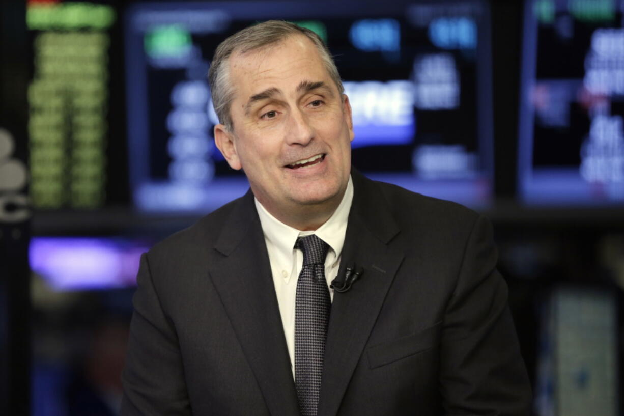 FILE- In this March 13, 2017, file photo, Intel CEO Brian Krzanich is interviewed on the floor of the New York Stock Exchange. Krzanich is resigning after the company learned of a consensual relationship that he had with an employee. Intel said Thursday, June 21, 2018, that the relationship was in violation of the company’s non-fraternization policy, which applies to all managers.