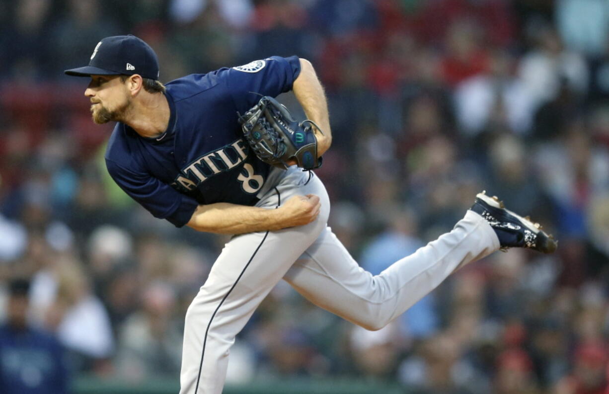 Seattle Mariners’ Mike Leake pitches during the first inning of a baseball game against the Boston Red Sox in Boston, Saturday, June 23, 2018.