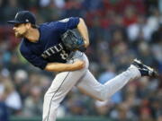 Seattle Mariners’ Mike Leake pitches during the first inning of a baseball game against the Boston Red Sox in Boston, Saturday, June 23, 2018.