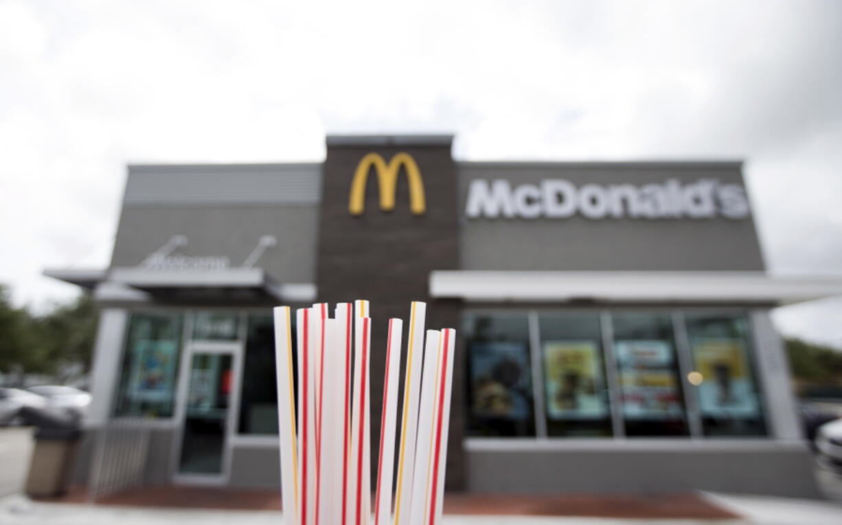 Pastic straws from a McDonald’s restaurant are shown in Doral, Fla. McDonald’s plans to test an alternative to plastic in U.S. restaurants later this year.