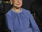 Katherine Johnson, the inspiration for the film, “Hidden Figures,” poses in the press room at the Oscars at the Dolby Theatre in Los Angeles. Johnson, the NASA mathematician whose calculations helped bring Apollo astronauts back to Earth, is being honored at her alma mater with a bronze statue and a scholarship in her time. West Virginia State University says a dedication ceremony is planned for Aug. 25, 2018, the day before Johnson’s 100th birthday.