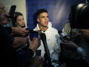 Michael Porter Jr., from Missouri, speaks to reporters during the NBA draft basketball combine in Chicago.