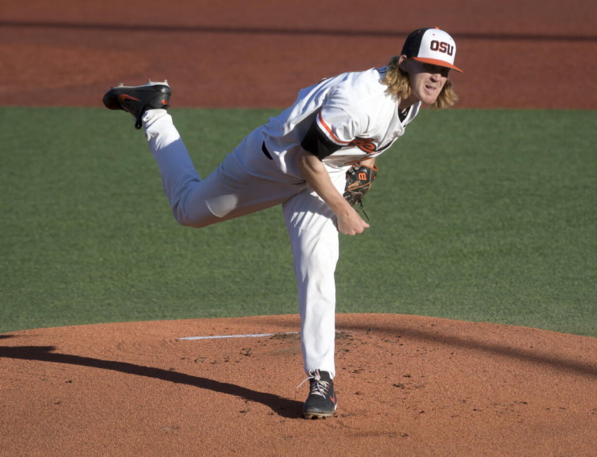 Oregon State starting pitcher Bryce Fehmel follows through on a pitch to a Northwestern State batter during an NCAA college baseball tournament regional game Friday, June 1, 2018, in Corvallis, Ore.