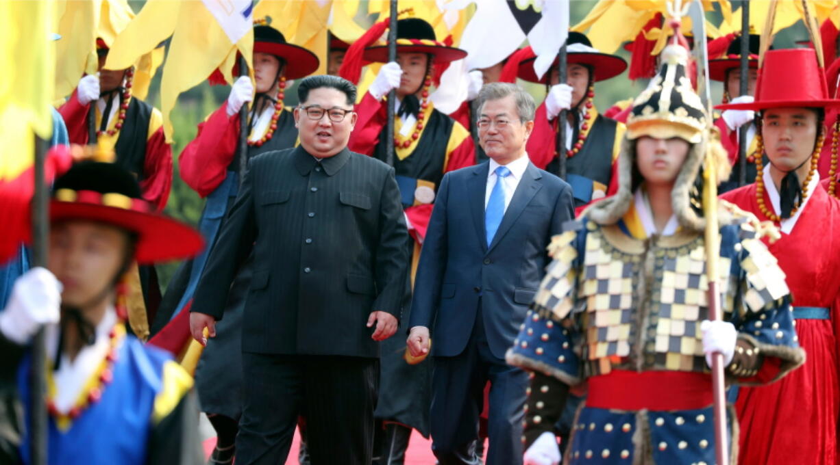 North Korean leader Kim Jong Un, left, and South Korean President Moon Jae-in, right, walk together through a honor guard at the border village of Panmunjom in the South Korean side of the Demilitarized Zone. Seoul reportedly spent somewhere in the range of $5 million to cover the costs of costs of Moon’s first summit with Kim in April - a day-long affair that was held in publicly owned buildings on the southern side of the Demilitarized Zone. Speculation over how North Korea will handle the bill for leader Kim’s June 12, 2018 meeting with U.S. President Donald Trump has taken off after a Washington Post report cited two anonymous U.S. officials suggesting the Trump administration has been “seeking a discreet way” to help pay Kim’s hotel costs.