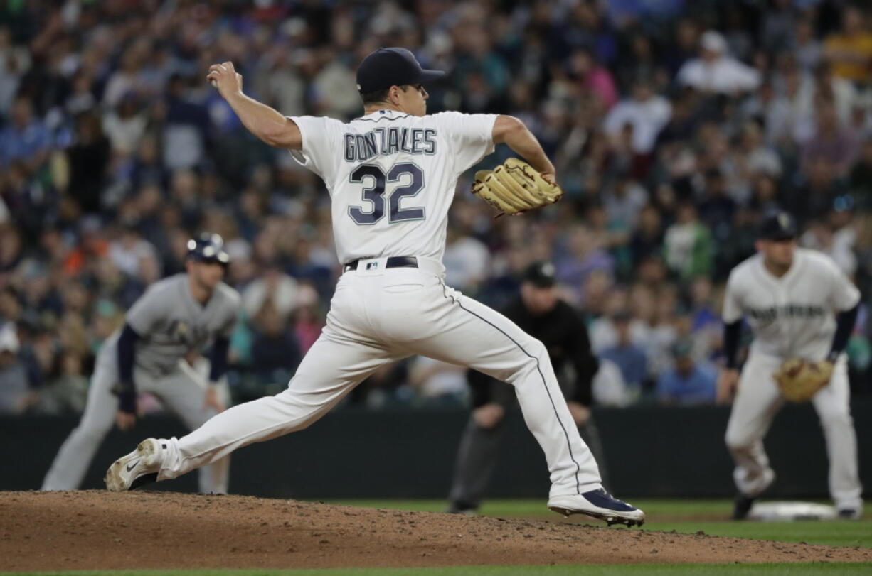 Seattle Mariners starting pitcher Marco Gonzales throws to a Tampa Bay Rays batter during the sixth inning of a baseball game Saturday, June 2, 2018, in Seattle. (AP Photo/Ted S.