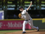 Seattle Mariners starting pitcher Wade LeBlanc works against the Boston Red Sox during the first inning of a baseball game Saturday, June 16, 2018, in Seattle.