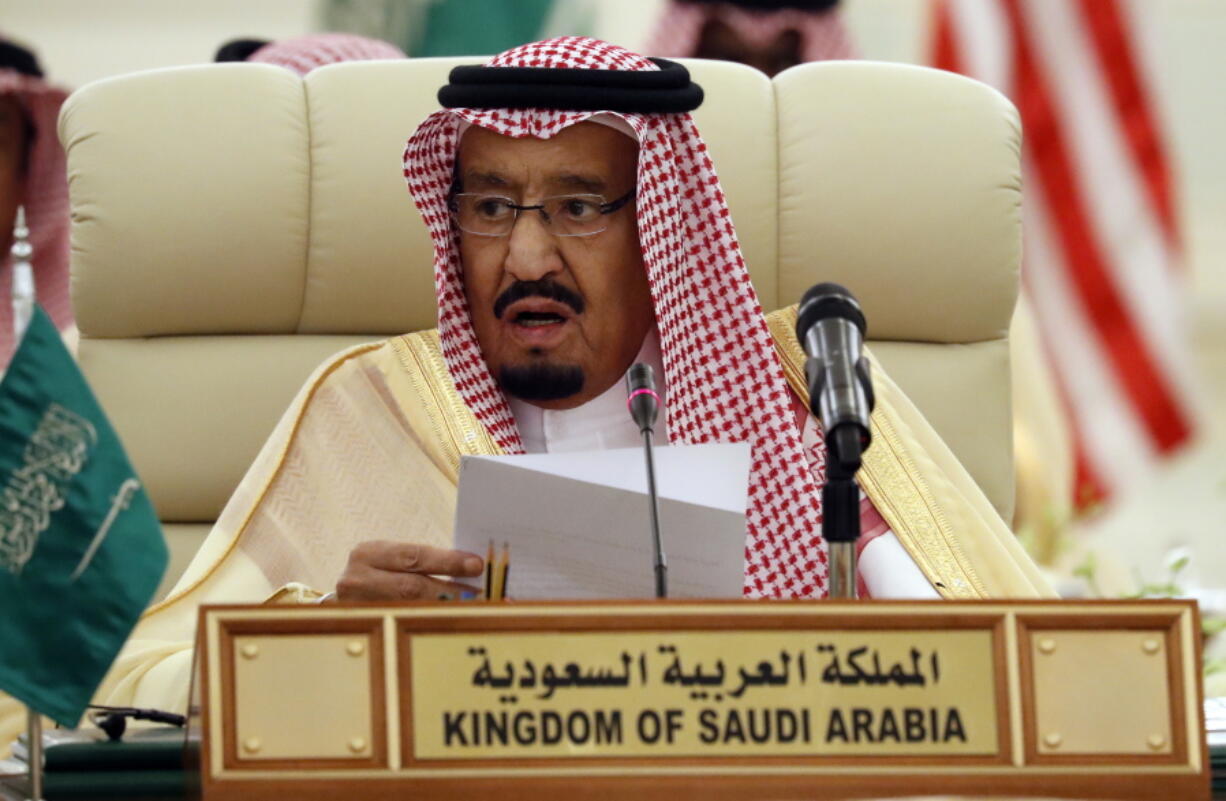 FILE - In this Sunday, Oct. 22, 2017 file photo, Saudi King Salman speaks during a meeting of the Saudi-Iraqi Bilateral Coordination Council with Secretary of State Rex Tillerson and Iraqi Prime Minister Haider al-Abadi, in Riyadh, Saudi Arabia. President Donald Trump says he has received assurances from King Salman of Saudi Arabia that the kingdom will increase oil production, “maybe up to 2,000,000 barrels,” in response to turmoil in Iran and Venezuela. Trump said on Twitter Saturday, June 30, 2018, that he asked Salman to increase oil production “to make up the difference...Prices to high! He has agreed!” Saudi Arabia acknowledged the call took place, but mentioned no production targets.