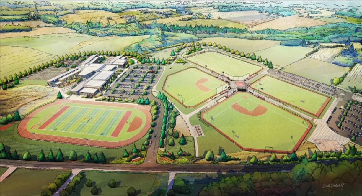 A rendering of the Ridgefield Outdoor Sports Complex, a joint project between the city and Ridgefield School District, which will feature six multi-purpose turf fields, trails, a playground and meeting space. The complex will now be the summer home to a summer team in the West Coast League, a collegiate wood-bat league.