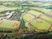 A rendering of the Ridgefield Outdoor Sports Complex, a joint project between the city and Ridgefield School District, which will feature six multi-purpose turf fields, trails, a playground and meeting space. The complex will now be the summer home to a summer team in the West Coast League, a collegiate wood-bat league.