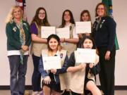 Vancouver Mall: Five Girl Scouts from Troop 12340 received the Silver Award, the second-highest award for service in the community given by the Girl Scouts of Oregon and Southwest Washington. From left: Dawn Phelps, co-leader, Samantha McHarg, Katherine Thornton, Dominique Phelps, Naomi Alonso, Dinora Alonso and Susan Thornton, troop leader.