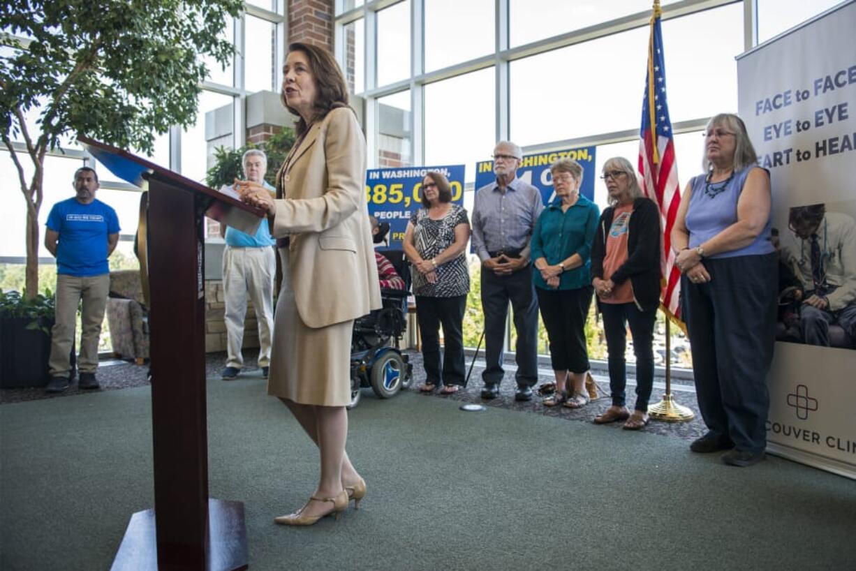 Sen. Maria Cantwell, D-Wash., speaks about the importance of keeping a provision that prevents insurance companies from denying coverage based on a pre-existing condition Thursday at Vancouver Clinic.