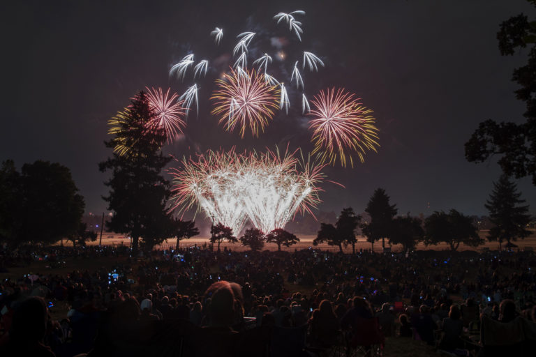 Fireworks light the night sky above Fort Vancouver National Historic Site and Pearson Field on Wednesday evening, July 4, 2018.