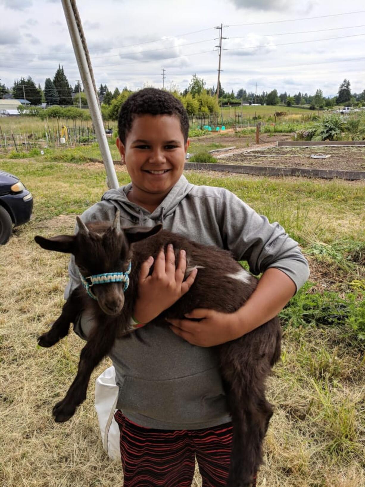 Hazel Dell: Ellsworth Elementary School fifth-grader Isaiah Ashenfelter holding a goat during Washington State University Extension’s Supplemental Nutrition Assistance Program Education’s Farm-to-Fork event.