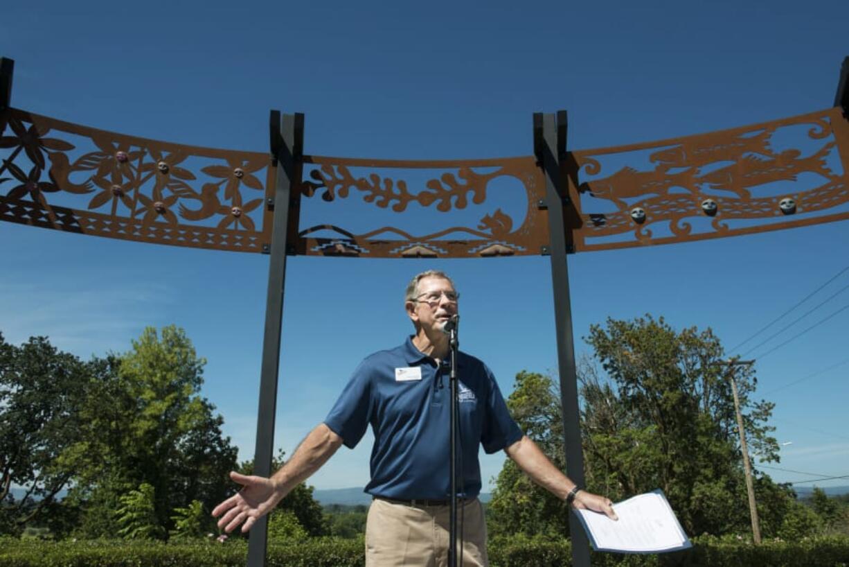 Ridgefield Mayor Don Stose leads a proclamation at Overlook Park declaring July 13 as Main Street Day in the city. The Columbia River Economic Development Council hosted its first Main Street Day on Friday, bringing economic leaders from around Clark County to each of the county’s six cities.