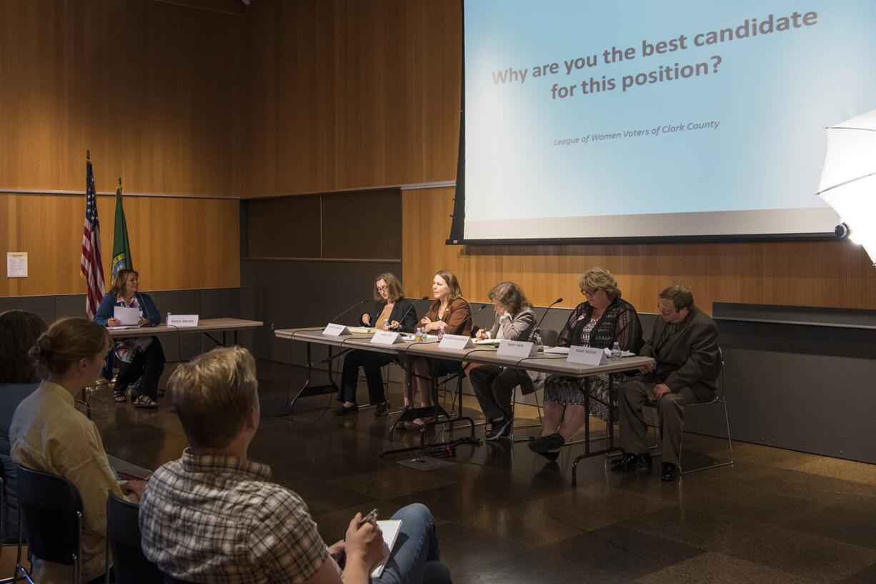 Vancouver City Council candidates Laurie Lebowsky, from left, Sarah Fox, Maureen McGoldrick, Mary Elkin, and Adam Shetler speak during a forum hosted by the League of Women Voters of Clark County at the Vancouver Community Library on Thursday, July 19, 2018.