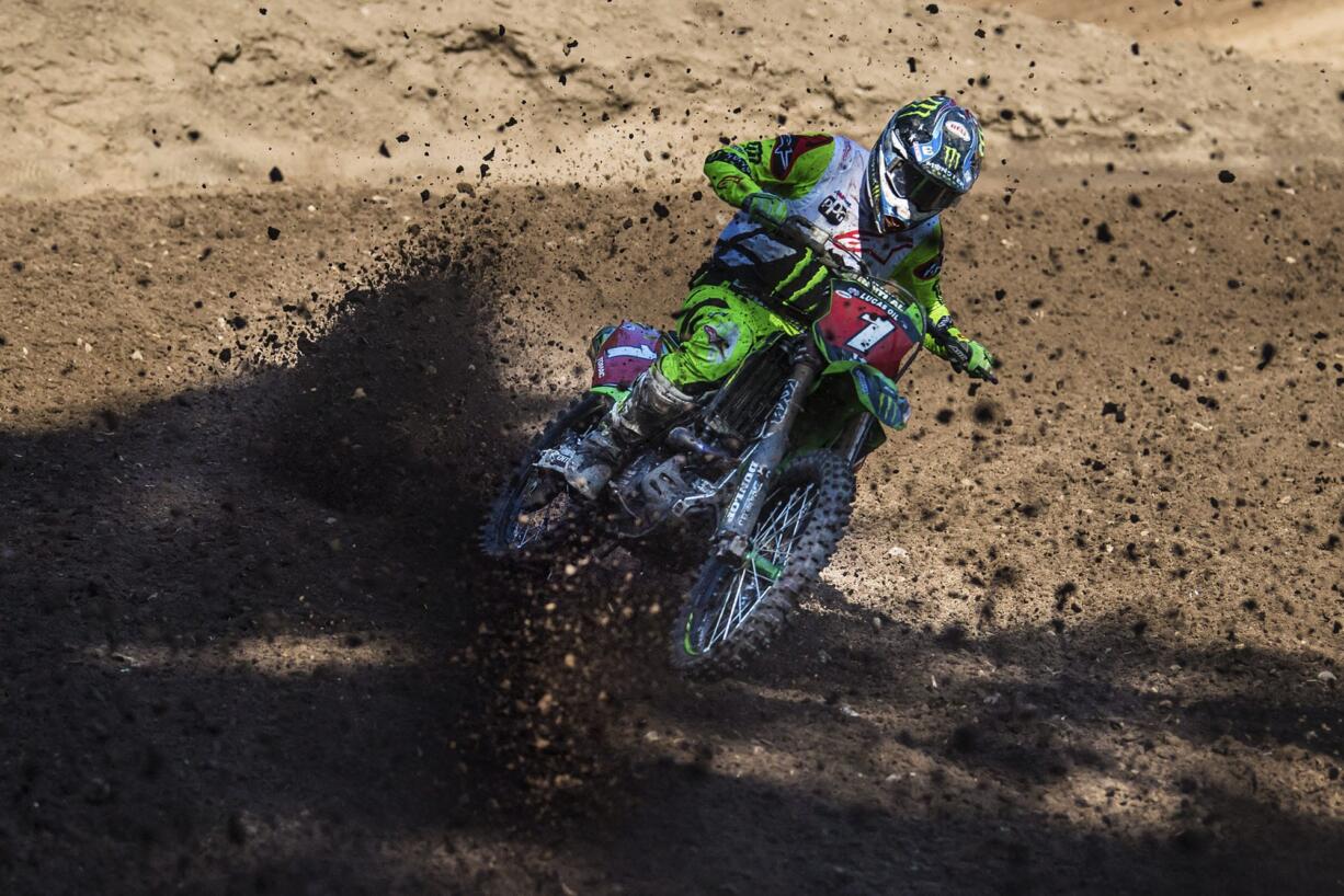 Eli Tomac fights for position after going down early in the 450 Class Moto #2 at the Washougal National Lucas Oil Pro Motocross at the Washougal MX Park on Saturday afternoon, July 28, 2018. Tomac went on to win the Motto and the 450 Class overall.