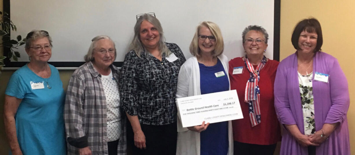 Shumway: The Clark County Newcomers Club donated $5,398.17 to Battle Ground Healthcare. From left: Colleen Hoss, Ann Bell, Sue Doyle with Battle Ground Healthcare, Battle Ground Healthcare Executive Director Susan Neal, Sally Gannaway and Pam Fulthorp.